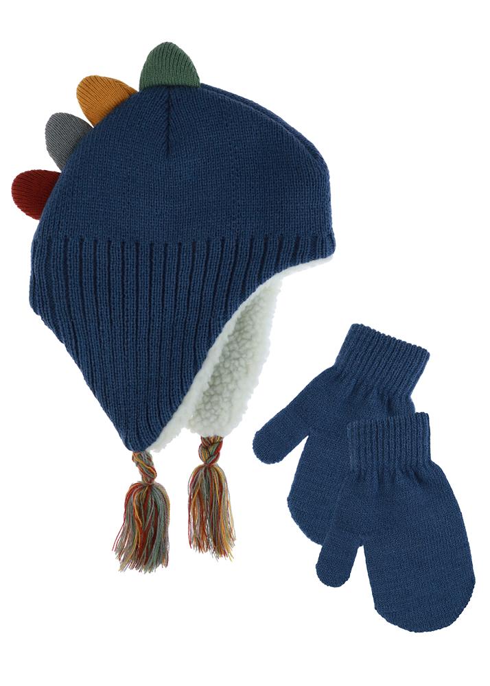 Toddler Boys Dino Rib Knit Earflap Hat with Mittens Capelli New York