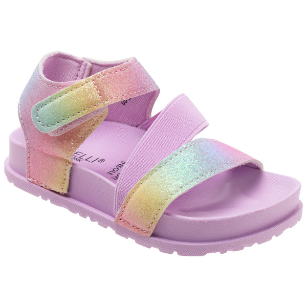 Toddler Girls Pastel Fine Glitter Multi Strap Sandal with Elastic and Velcro Trim