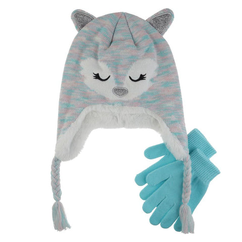 Girls Sleepy Fox Earflap Hat and Gloves 2pc. Set