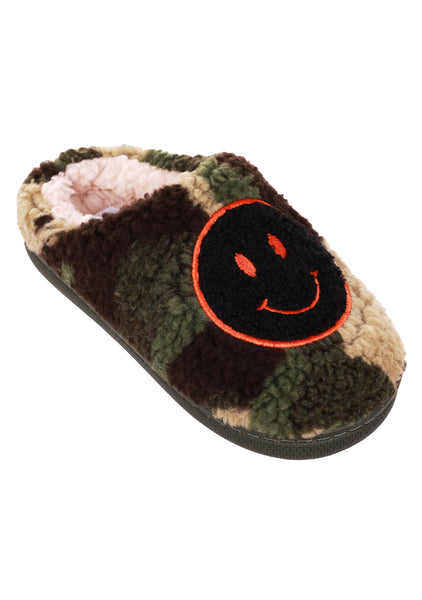 Boys Camo Faux Berber Scuff with Smiley Face Applique