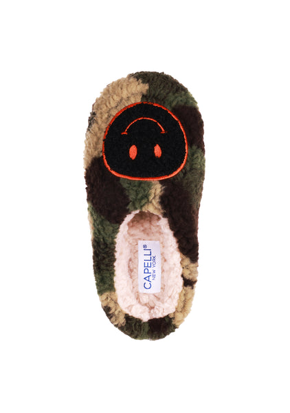 Boys Camo Faux Berber Scuff with Smiley Face Applique