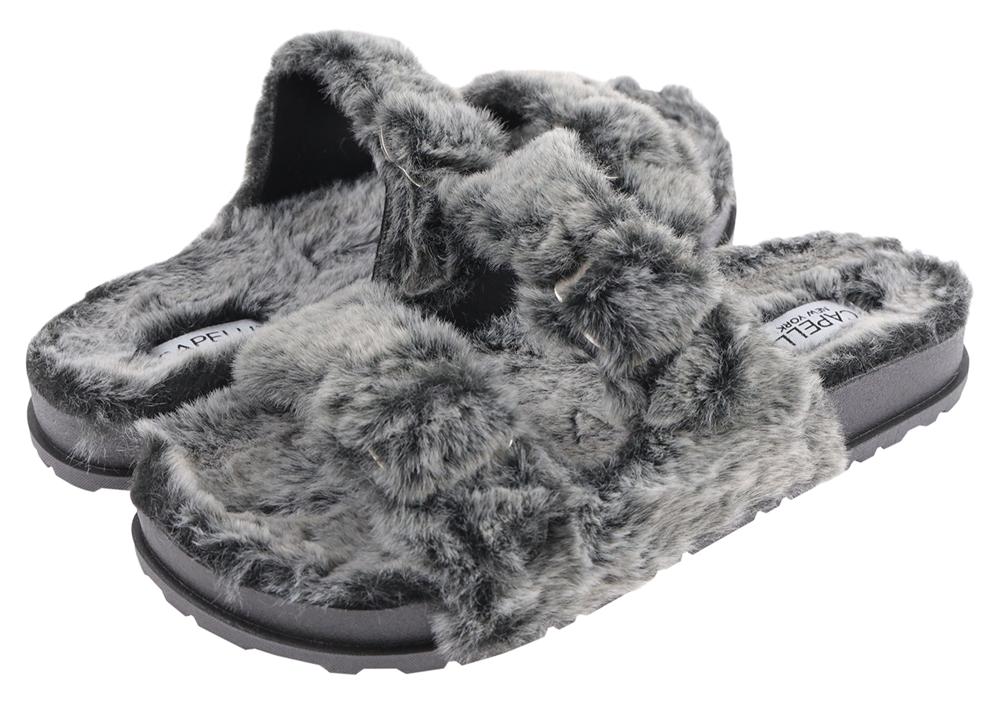 Ladies Faux Fur Double Strap Slide