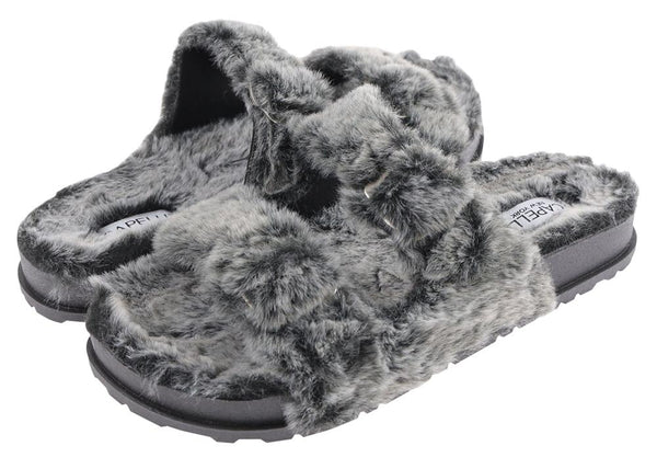Ladies Faux Fur Double Strap Slide