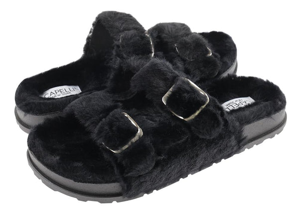 Ladies Faux Fur Double Strap Slide