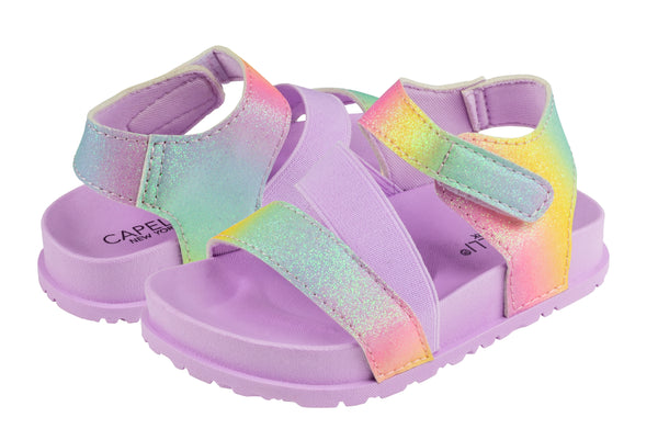 Toddler Girls Pastel Fine Glitter Multi Strap Sandal with Elastic and Velcro Trim