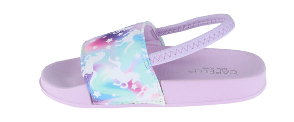 Toddler Girls Rainbow Unicorn Printed Slide with Elastic Backstrap