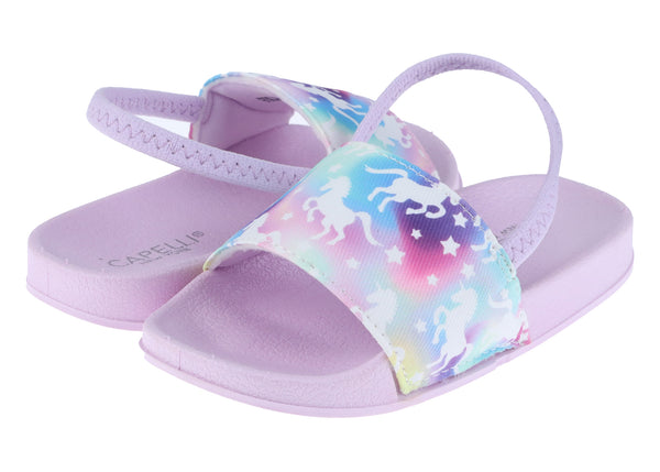 Toddler Girls Rainbow Unicorn Printed Slide with Elastic Backstrap