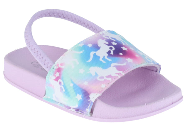 Toddler Girls Rainbow Unicorn Printed Slide with Elastic Backstrap