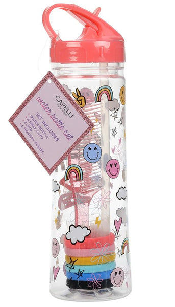 Fun Icons Water Bottle Set with 4 Snap Clips, Comb & Ponies