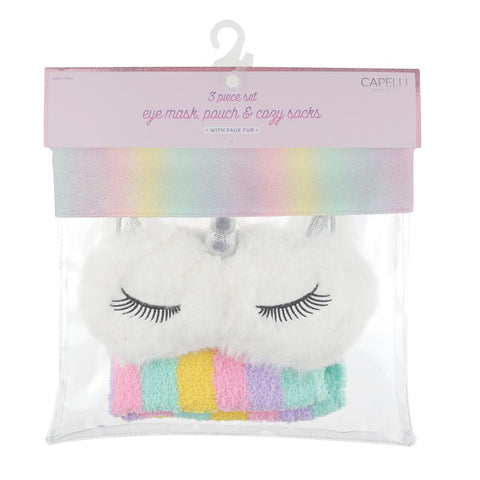 Girls Rainbow Unicorn Pouch Set with Stripped Cozy Socks & Eye Mask