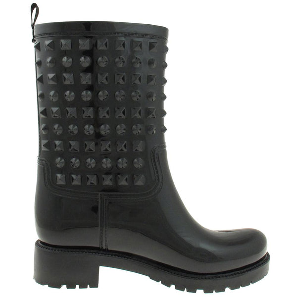 Ladies Shiny Solid Studded Mid-Calf Jelly Rain Boot