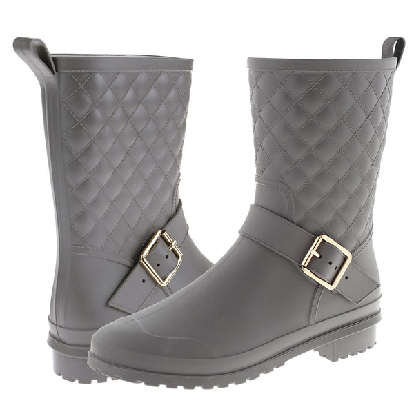 Ladies Matte Solid Grey Quilted Mid-Calf Rain Boot