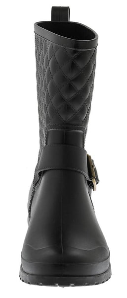 Ladies Matte Solid Black Quilted Mid-Calf Rain Boot