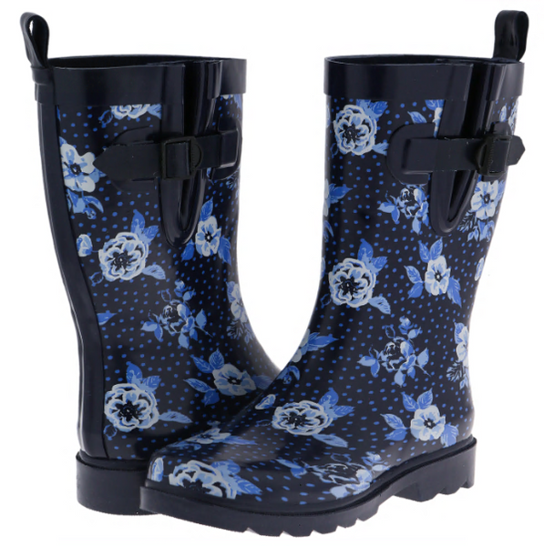 Ladies Navy Printed Floral Mid-Calf Rain Boot