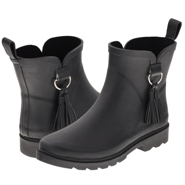 Ladies All Over Matte Short Rain Boot with Side Metal Trim and Tonal Tassel