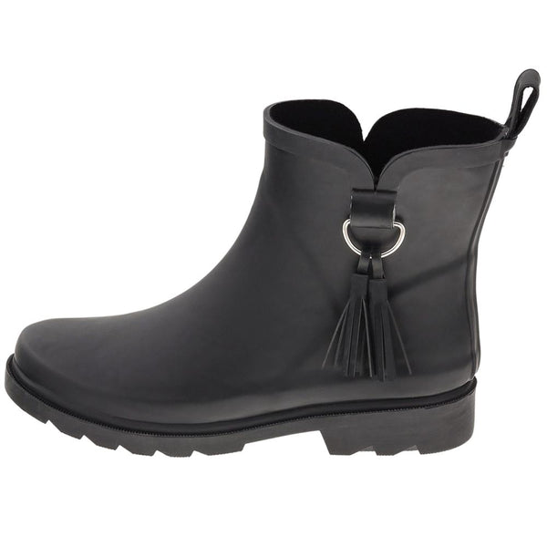 Ladies All Over Matte Short Rain Boot with Side Metal Trim and Tonal Tassel