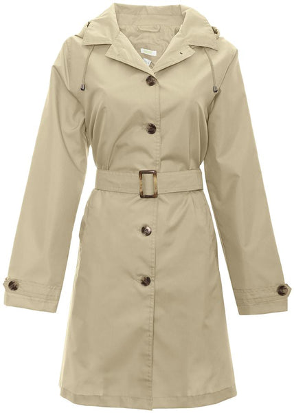 Ladies Solid Khaki Mid-Length Basic Rain Coat with Removable Hood