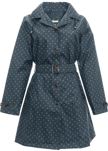 Ladies Dot Printed Mid-Length Basic Rain Coat with Removable Hood