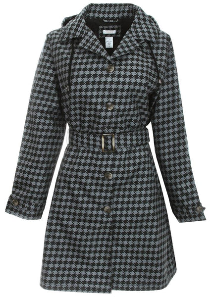 Ladies Houndstooth Printed Mid-Length Basic Rain Coat with Removable Hood