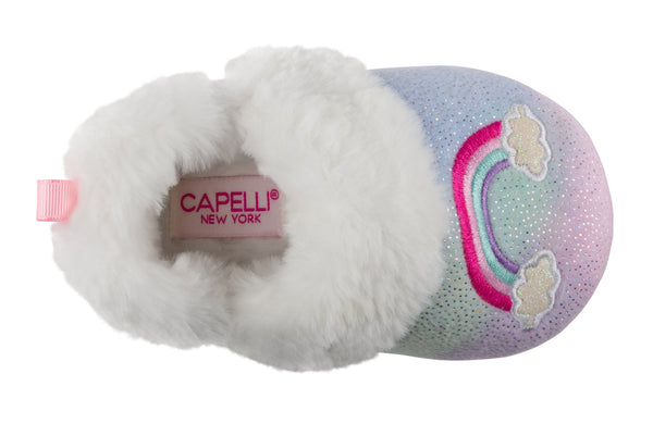 Toddler Girls Multi Color Soft Boa Slipper with Rainbow Embroidery