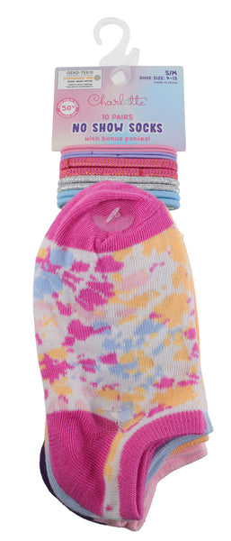 Charlotte Girls Tie Dye 10pk No Show Socks with Bonus Elastic Ponies