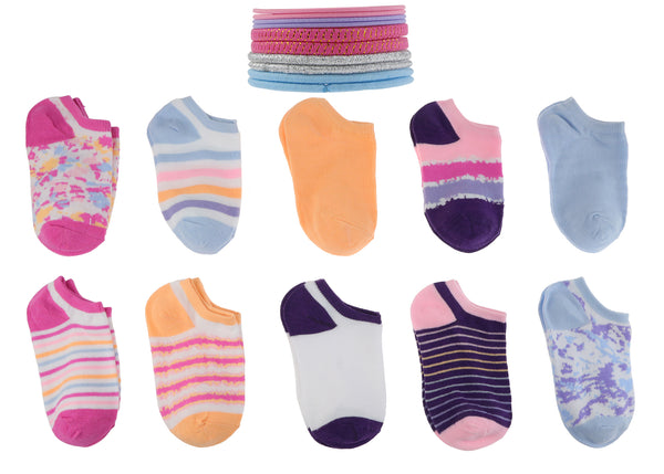 Charlotte Girls Tie Dye 10pk No Show Socks with Bonus Elastic Ponies