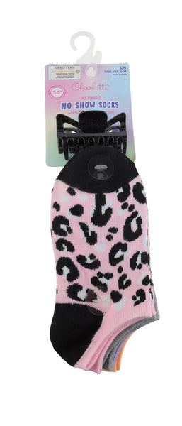 Charlotte Girls Cheetah Print 10 Pack No Show Socks with Bonus Claw Clip
