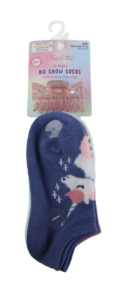 Charlotte Girls Pretty Unicorn 10 Pack No Show Socks with Bonus Claw Clip