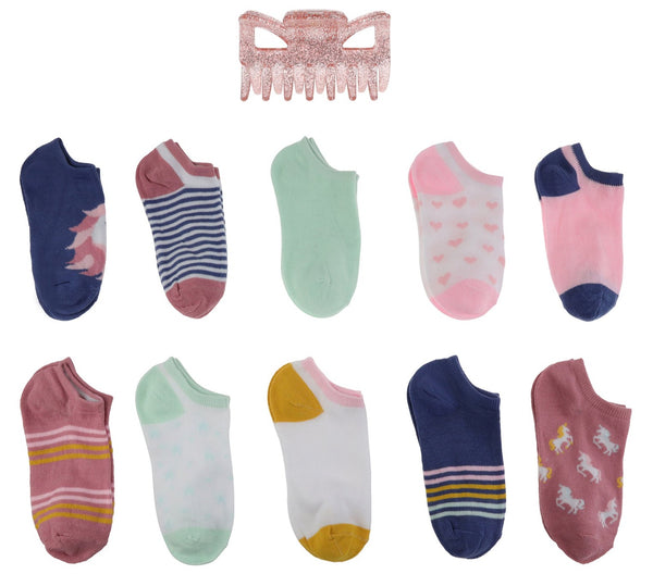 Charlotte Girls Pretty Unicorn 10 Pack No Show Socks with Bonus Claw Clip