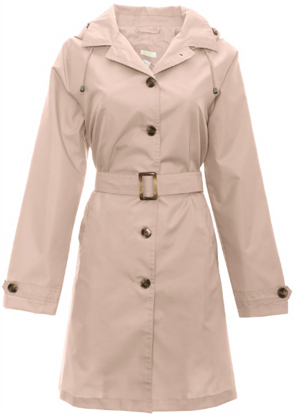 Ladies Solid Dusty Pink Mid-Length Basic Rain Coat with Removable Hood