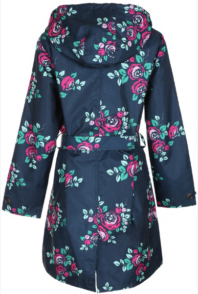 Ladies Floral Printed Mid-Length Basic Rain Coat with Removable Hood