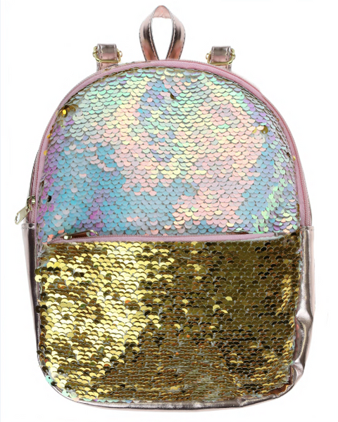 Reversible Sequin Mini Backpack with Straps - Gold and Muti-White Sequins