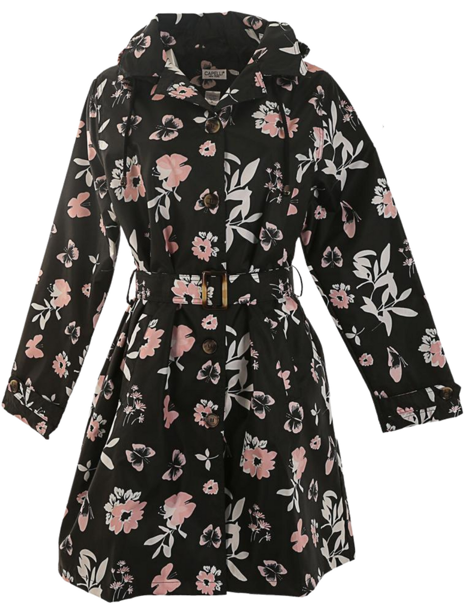 Ladies Butterfly Floral Printed Mid Length Basic Rain Coat with Remova