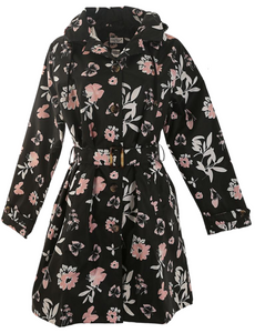 Ladies Butterfly Floral Printed Mid-Length Basic Rain Coat with Removable Hood