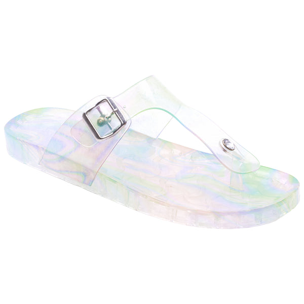 Ladies Iridescent Transparent PVC T-Strap Sandal with Buckle