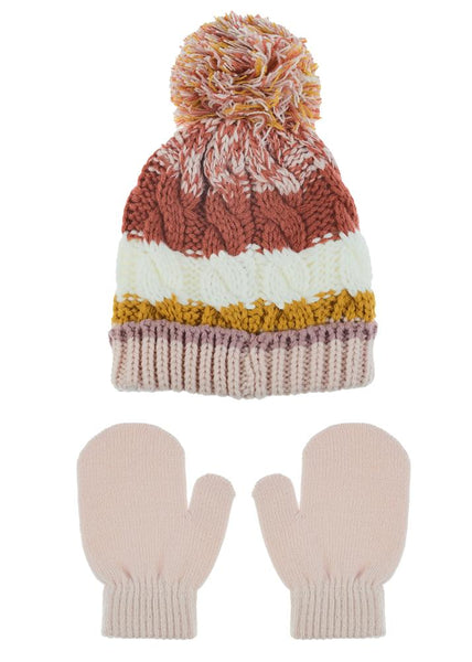 Toddler Girls Chunky Knit Hat and Mittens 2pc Set