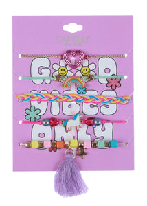 Kid's 5pc Mixed Bracelet Set with Rainbow, Unicorn, Heart Icons and Tassel