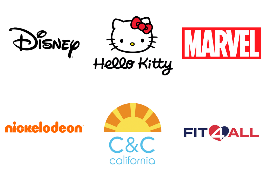 Licensed Brands Disney, Hello Kitty, Marvel, Nickelodeon, C&C California, and Fit 4 All logos on one image