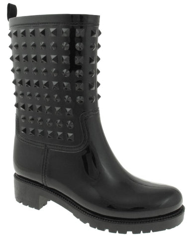 Ladies Shiny Solid Studded Mid-Calf Jelly Rain Boot