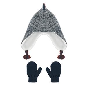 Toddler Boys Marled Acrylic Flat Knit Earflap Hat with 3D Knit Spikes and Mittens 2 pc Set