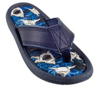 Boys Shiny Ocean Sharks Printed Faux Leather Flip Flop
