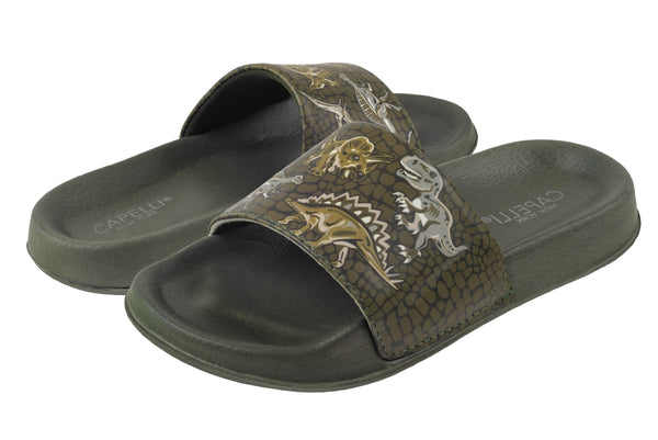 Boys Faux Leather Dino Printed Slides