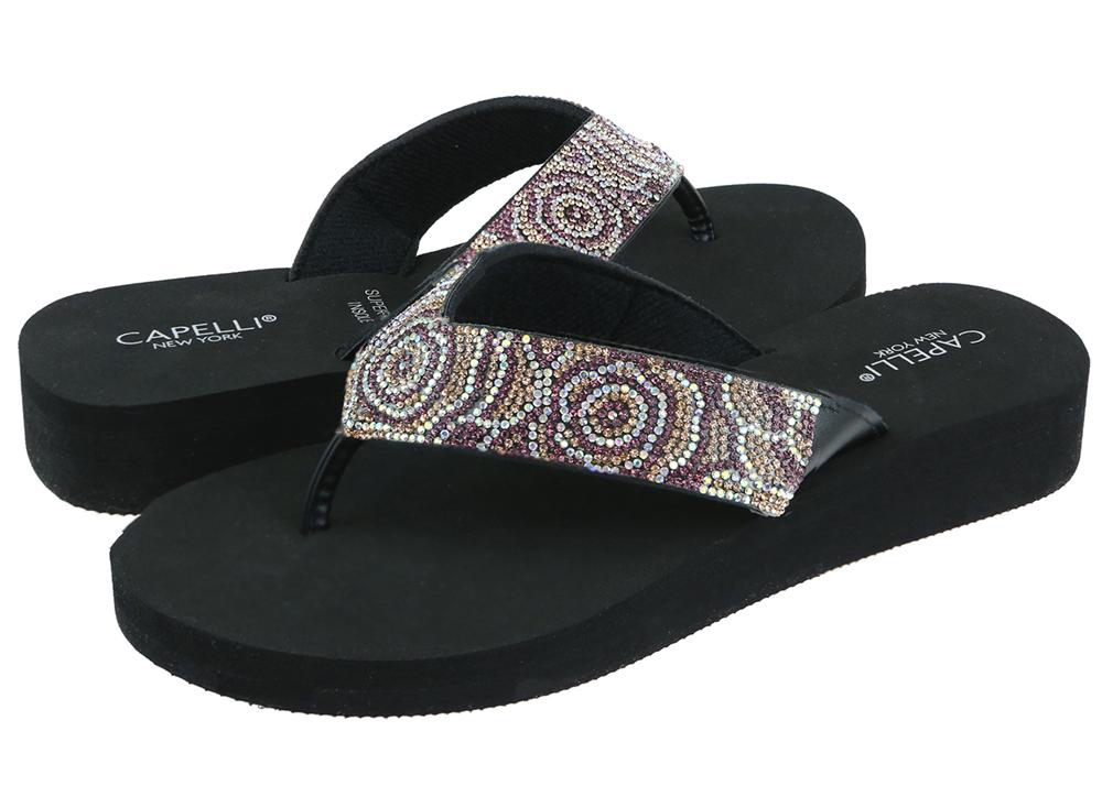 Ladies Black Tonal Gem Trimmed Wedge Flip Flop Capelli New York