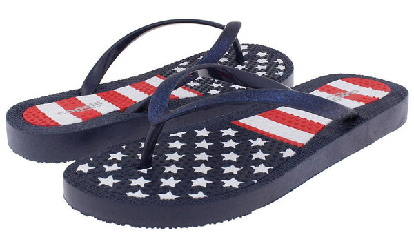 Ladies Fashion Flip Flops with American Flag Print and Glitter Trim
