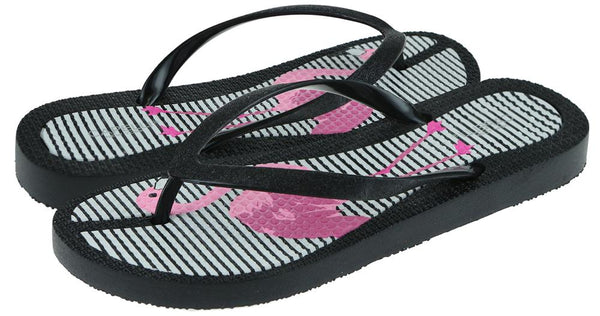 Ladies Fashion Flip Flops with Flamingo Print and Fine Glitter Trim