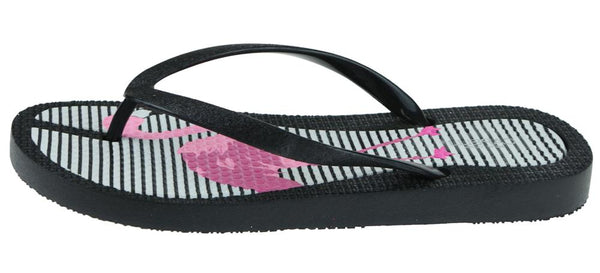 Ladies Fashion Flip Flops with Flamingo Print and Fine Glitter Trim