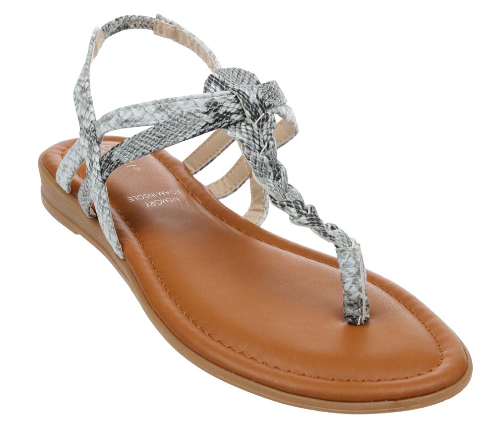 Ladies Faux Leather Snakeskin Braided Thong Sandal