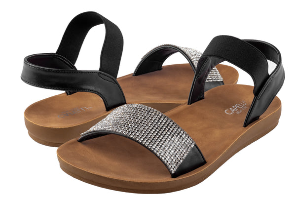 Ladies Faux Leather Sandals with Elastic Upper and Rhinestone Trim