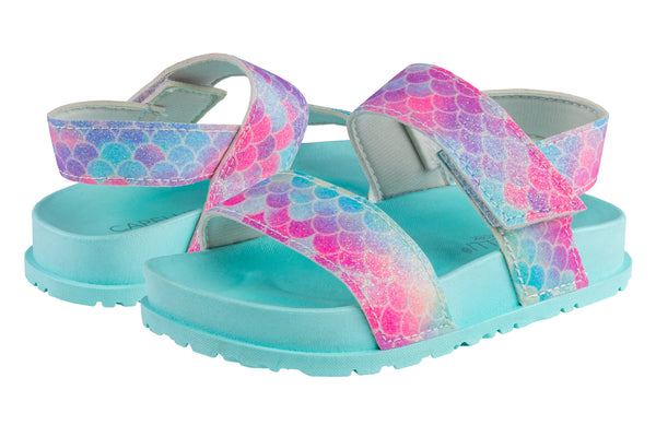 Toddler Girls Fine Glitter Rainbow Mermaid Scale Faux Leather Double Strap Sandal