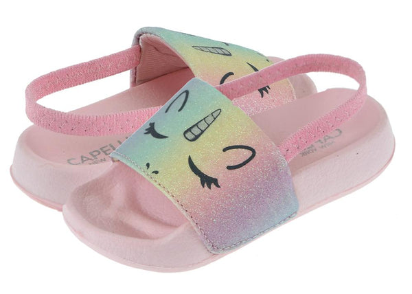 Toddler Girls Rainbow Unicorn Slip on Slide with Elastic Back Strap